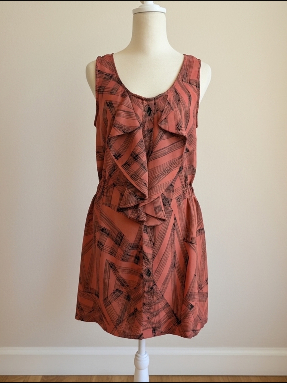 Sleeveless Rust Geometric Ruffle Dress